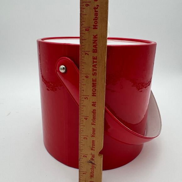 Vintage Red & White Ice Bucket, Vinyl & Plastic, Mid Century Modern 7.25" - Picture 8 of 9